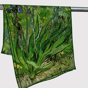 Van Gogh Irises print silk scarf, lightweight green floral shawl for women's gift