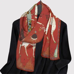 Red satin silk scarf with Dunhuang Nine-colored Deer print for traditional Cheongsam outfits