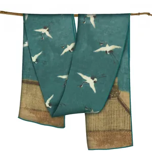 Women Satin Scarf Chinese Style Crane Pattern Shawl Deep Cyan Elegant Printed Silk Like Wrap For Lady Cheongsam Accessory