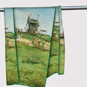 Foulard artistique en satin Van Gogh avec bord vert pour protection solaire au désert