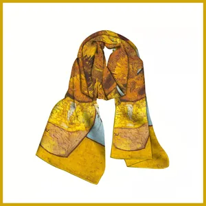 Detail of sunflower silk scarf featuring Van Gogh art print and rolled edge stitching