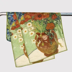 Artistic silk scarf with Van Gogh oil painting print hanging on a metal rod for display