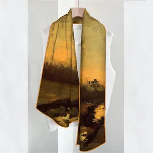 Impressionist sunset oil painting scarf in warm orange and brown tones for women