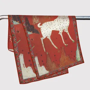Classic Chinese red satin silk scarf with white deer and floral border pattern