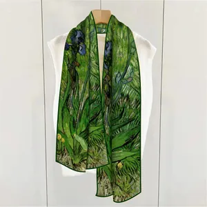 Van Gogh Iris painting print long silk scarf for women with elegant green floral pattern