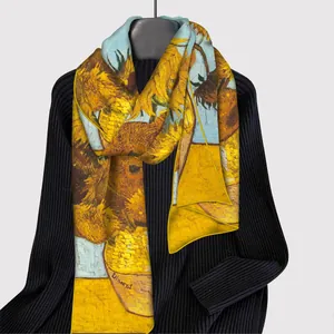 Artistic Van Gogh sunflower silk scarf for women in vibrant yellow and blue prints