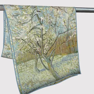 Artistic silk scarf featuring Van Gogh Almond Blossoms print with dark blue border