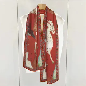 Elegant Chinese red satin scarf with artistic Nine-Colored Deer print for women