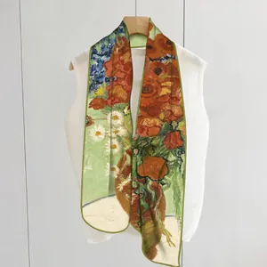 Lightweight silk scarf featuring Van Gogh oil painting floral art with poppy and daisy