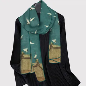 Elegant silk scarf with green crane print and ancient architecture motifs for women