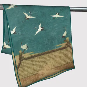 Elegant Chinese crane satin shawl with vintage emerald green painting and soft drape