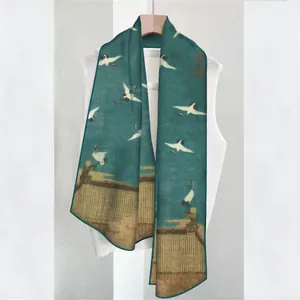 Satin silk scarf with traditional Chinese crane print and vintage green aesthetics