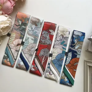 Set van 5 elegante lange zijden twilly sjaals met diverse botanische en dierenprints