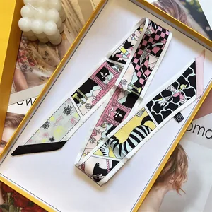 Pañuelo de Satén Estrecho Largo para Mujer Estampado de París Twilly Diadema de Pelo Cinta para Asa de Bolso Bufanda Decorativa