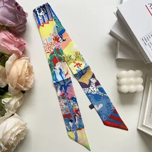 Vibrant twilly scarf with dog patterns and floral motifs for hair and bag decoration