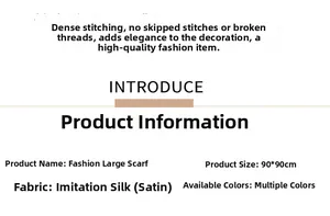 Size chart showing 90x90cm twill silk scarf measurements and fabric details
