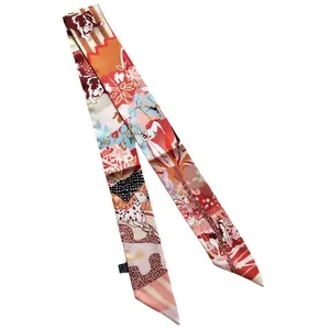 Green silk-feel twilly scarf with cute dog illustrations and floral patterns