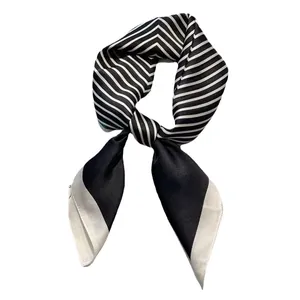 70cm black and white striped silk-like satin square scarf with elegant knot design