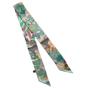 French vintage style green silk twilly scarf with jungle zebra and cactus print design