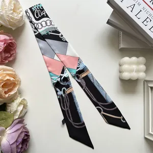 Elegant geometric color block twilly silk scarf with pink and black patterns for women