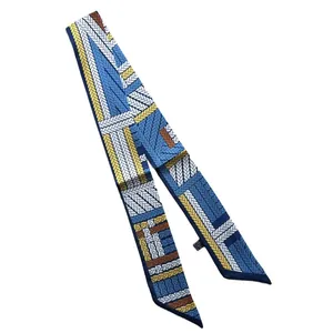 Twill skinny silk scarf with geometric print and pointed ends for bag handles