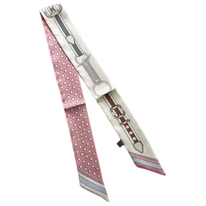Pink silk twilly scarf with polka dots and equestrian pattern for women's fashion