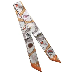 Narrow silk twilly scarf with pegasus and horse motifs for handbag decoration