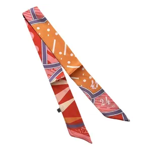 Colorful geometric skinny scarf with number 24 print on silk-like fabric texture