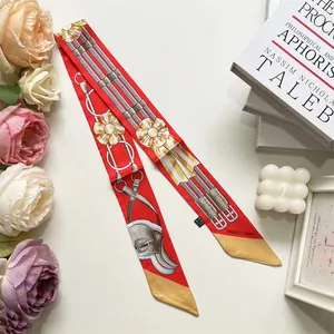 French style red silk twilly scarf with equestrian print and gold Paris typography