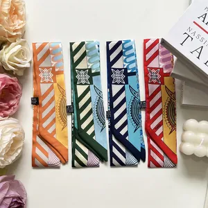 Detailed set of four vibrant floral twilly silk scarves with Paris lettering