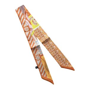 Silk twilly scarf with vintage patterns and stripes for women's neck or handbags