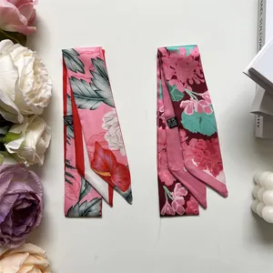 Foulards en soie twilly longs et étroits à imprimé floral pour sacs ou cheveux