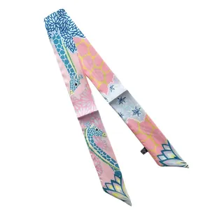 Pink and blue giraffe print narrow silk scarf with geometric floral patterns for women