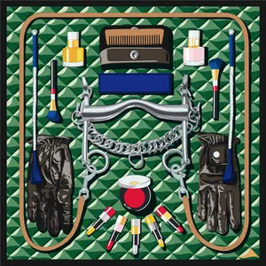 Elegant 90cm square silk scarf featuring equestrian and cosmetic elements on forest green