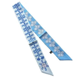 Sky blue nautical silk twilly scarf featuring navy knots and France Paris print