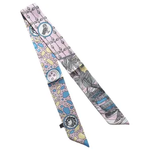 Pink silk twilly scarf with owl and palm tree patterns for handbag handle decoration