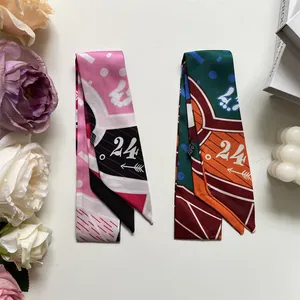 Elegant narrow silk twilly scarves with geometric 24 pattern for bags and hair styling