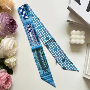 Detail of blue and purple silk twilly scarf with checkerboard and France-Paris motif