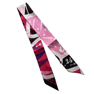 Narrow silk twilly scarf with geometric prints and number 24 on a white background