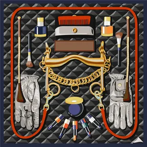 Silk square scarf with equestrian patterns and makeup motifs in orange and grey