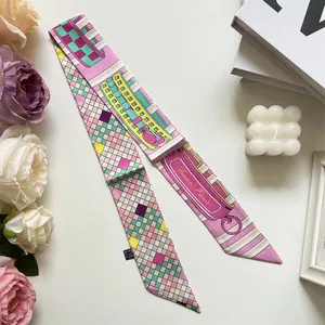 Pink silk-like twilly scarf with France-Paris carriage pattern and mosaic check design