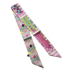 Long silk scarf for women featuring Paris theme illustration and colorful geometric patterns