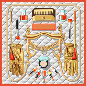 Luxurious 90cm silk-feel square scarf featuring equestrian and cosmetic illustration patterns