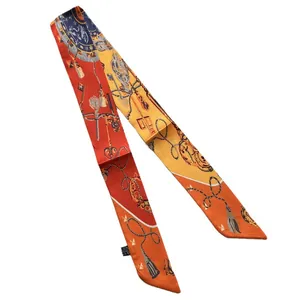 Vintage chain print orange twilly silk scarf for handbags and hair styling