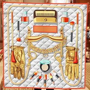 Detail of square silk-feel scarf featuring orange borders and horsebit makeup print