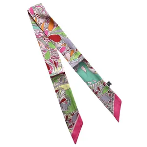 Colorful floral silk twilly hair scarf with abstract flower pattern on white background