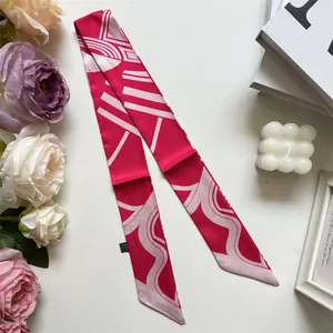Elegant geometric print satin skinny scarf in pink and purple tones for women