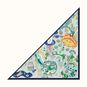 Fashionable silk twill triangular scarf with colorful marine theme and Deep Dive Paris print