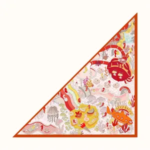 Illustration print twill silk triangle scarf with orange hand-rolled edges and seaside theme
