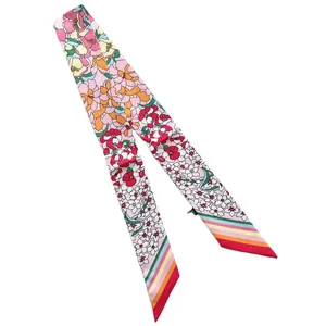 Satin floral skinny scarf with colorful rainbow stripe diagonal ends for women